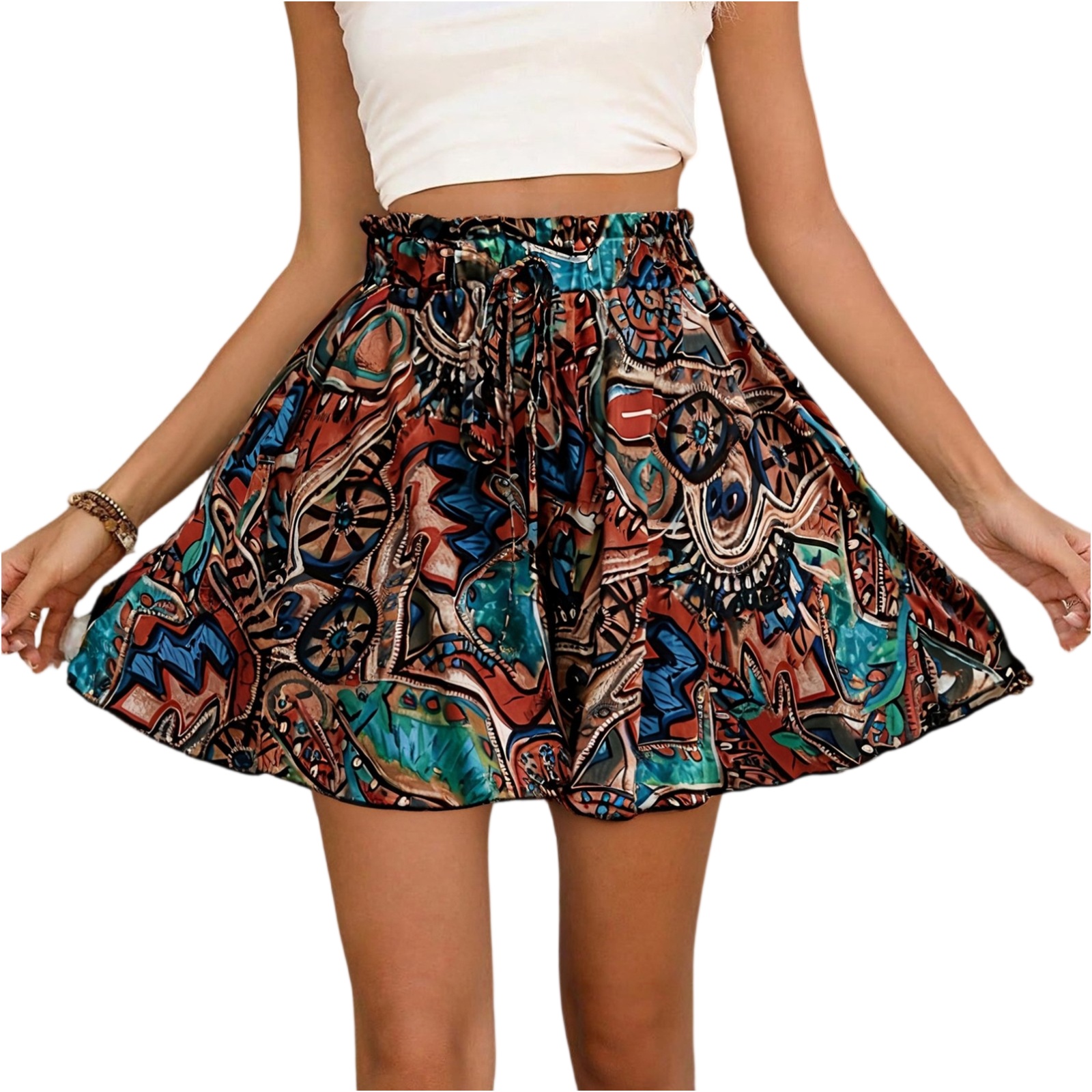 Short bohème pour femmes, taille haute, cordon de serrage, ample, léger, confortable, short de plage imprimé, pantalon court à jambes larges