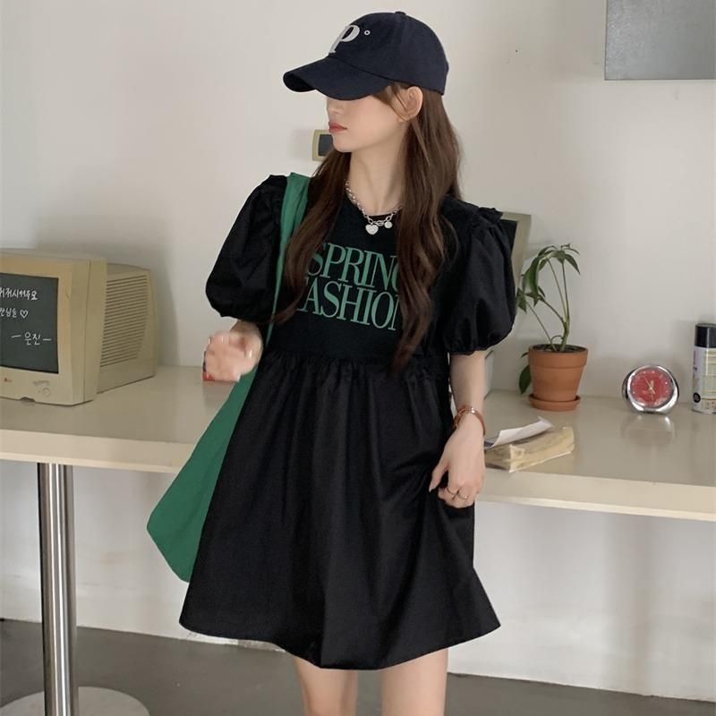 Robes décontractées imprimées de lettres, vêtements pour femmes, ligne a, à la mode, volants, Patchwork, coréen, manches courtes, robe mi-longue de base, été