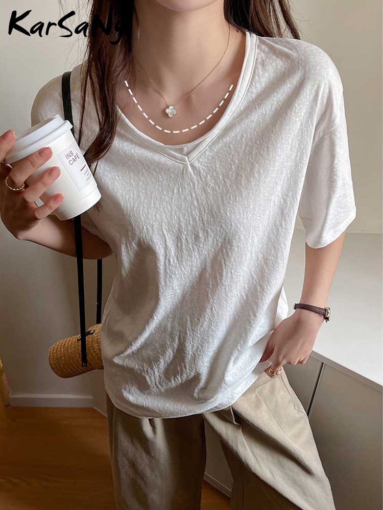 T-shirts amples en coton pour femmes, hauts d'été surdimensionnés, basique, col en V, manches courtes, blanc, noir, coton et lin, bureau pour dames