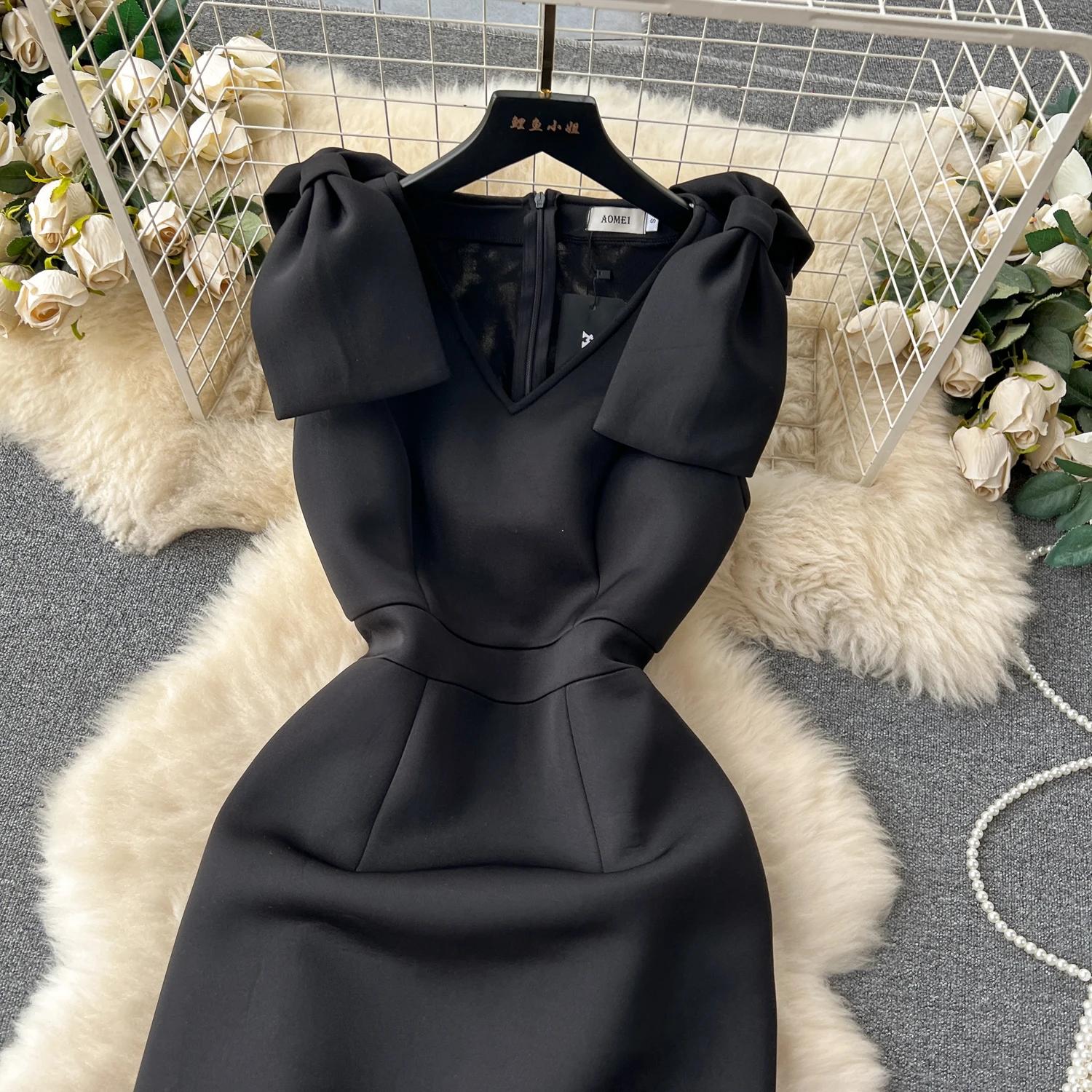 Robe de soirée en maille patchwork pour femmes, robes noires à volants pour femmes, gaine taille haute, robe sexy pour dames, nœud éducatif, livraison directe