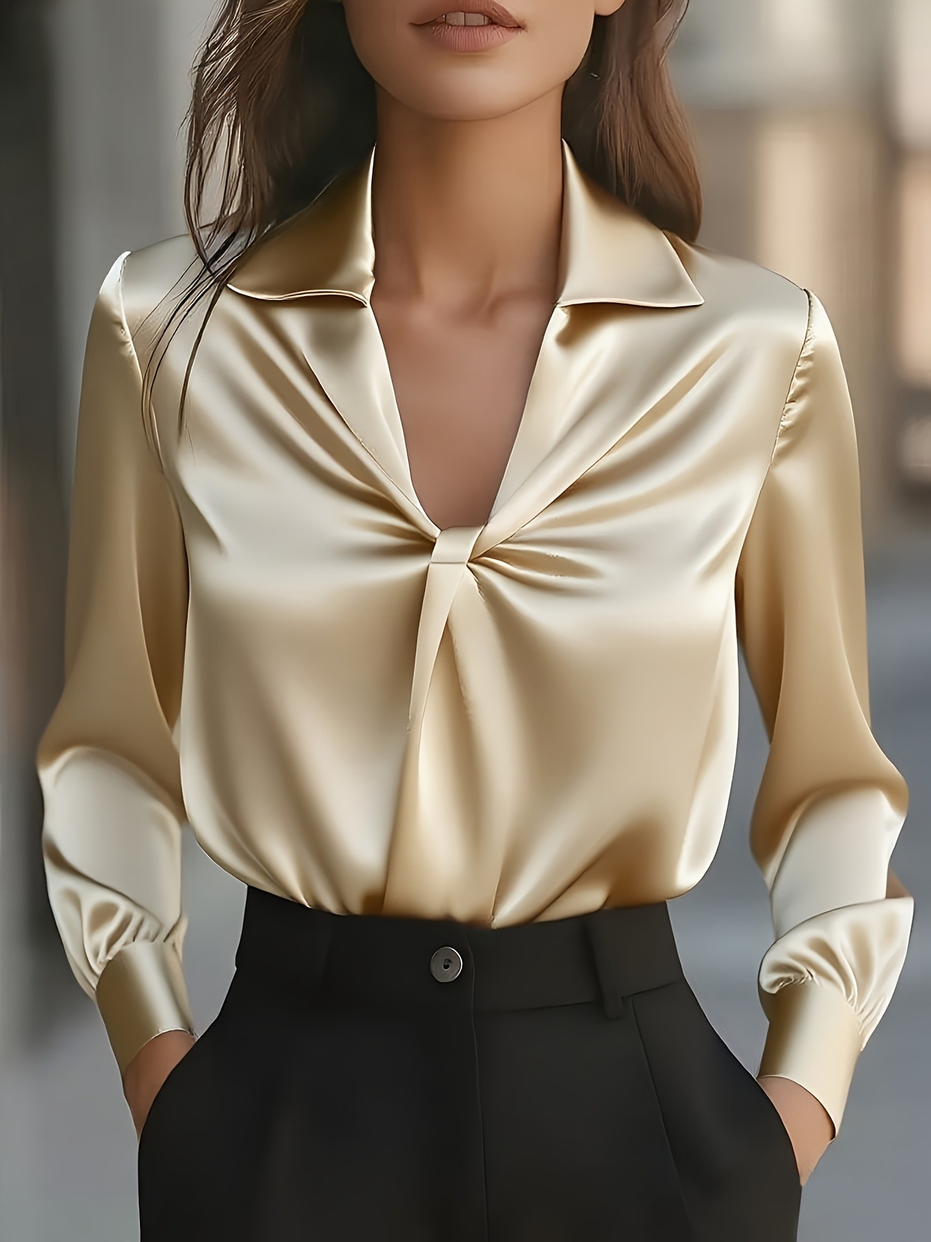 Chemise plissée en satin à manches longues pour femmes, couleur unie, mode automne