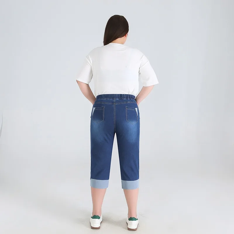 Femmes Denim Shorts 140KG été grande taille recadrée 7XL 8XL 9XL mince coupe élastique étiré surdimensionné mollet longueur femme jean