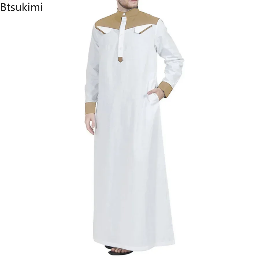 Thobe musulmane confortable pour hommes, Caftan à manches longues, couleur contrastée, vêtements musulmans, col Mandarin, Robe musulmane pour moyen-orient, 2026