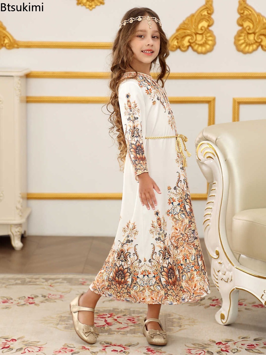 Robes du moyen-orient pour filles, mode musulmane Abayas, caftan arabe turc, dubaï, vêtements islamiques pour enfants, robe imprimée, Robes de soirée