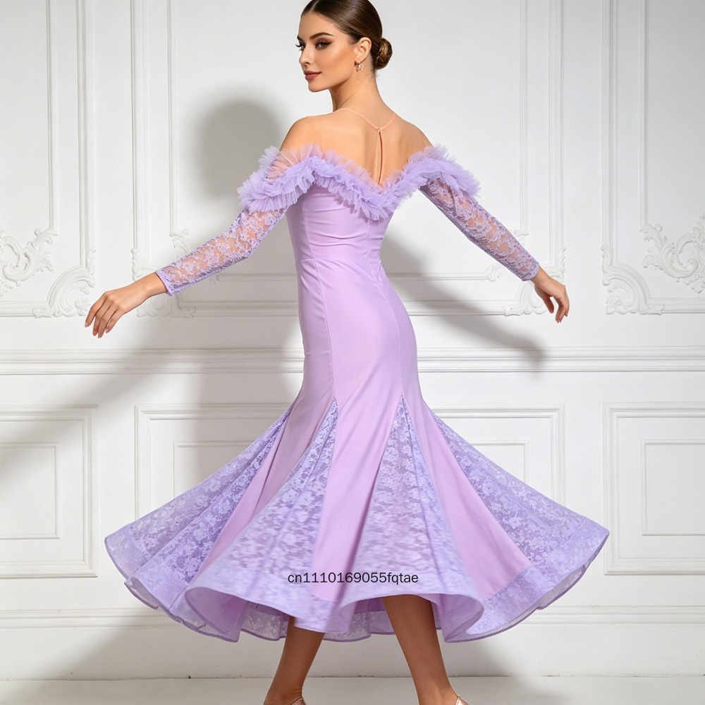 Robe de danse moderne à épaules dénudées pour femmes, manches longues, jupe évasée en dentelle, costume de danse de salon standard pour la compétition et la pratique