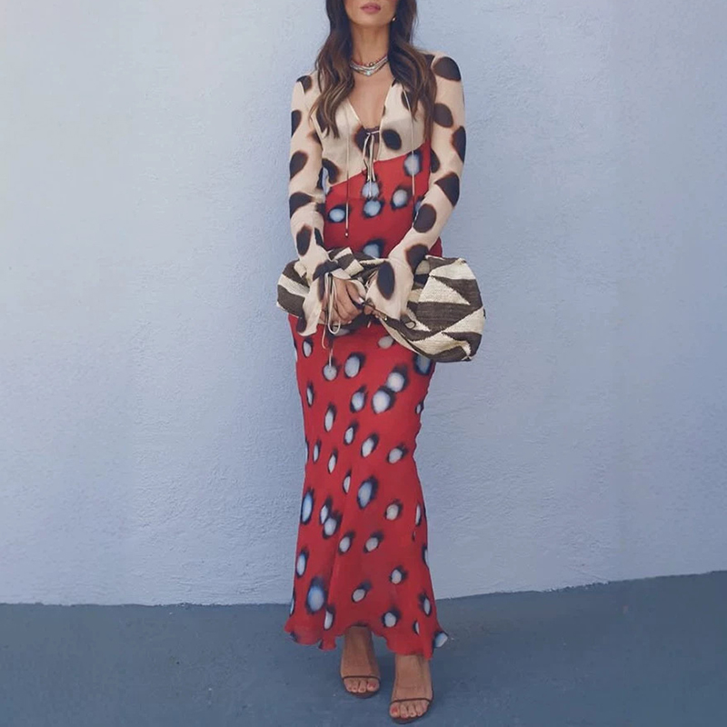 Nouvelle Robe Longue Moulante Femme à Pois Contrastants Col V Taille Haute Manches Longues Décontractée pour le Printemps et les Fêtes