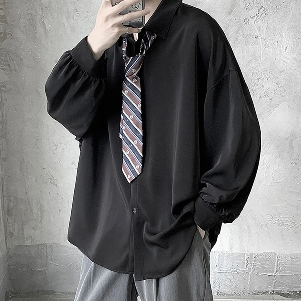 Chemises à manches longues pour hommes de Style coréen cravate noire confortable décontracté solide surdimensionné Blouses respirant chemise ample Harajuku vêtements masculins