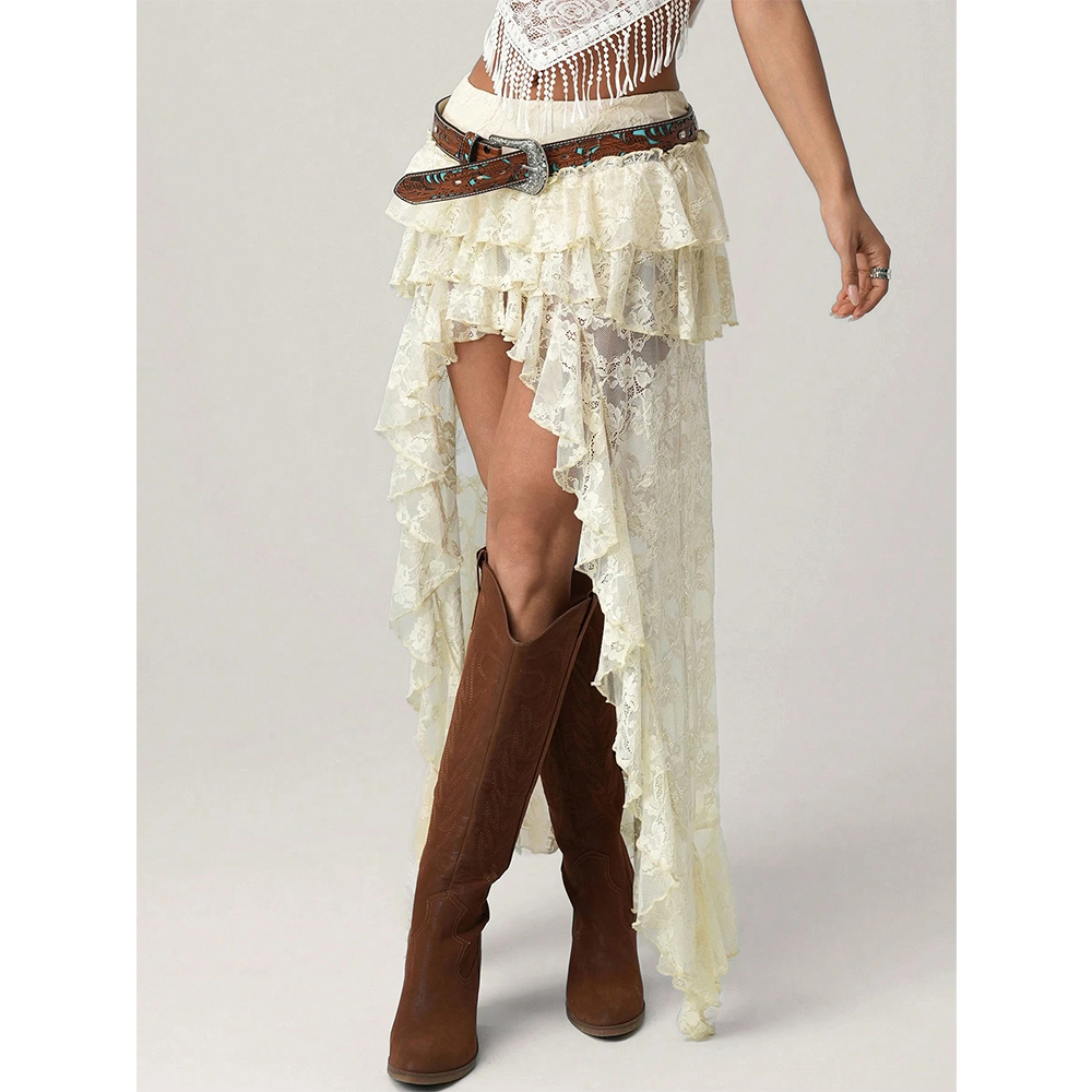 Femmes Vintage Sexy jupes ourlet irrégulier multi-couches volants dentelle Patchwork doux dame Boho maille transparente Maxi jupes Streetwear