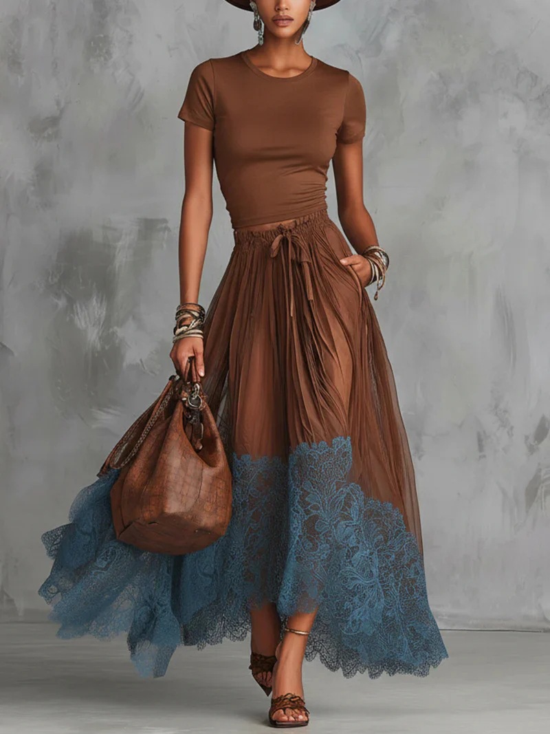 Ensemble chic 2 pièces pour femme : haut uni ajusté à manches courtes avec empiècements en dentelle et jupe taille haute élastique à cordon de serrage