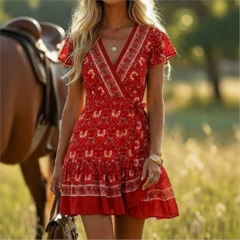 Robe Courte Plissée Vintage Bohème Imprimée pour Femme, Col en V, Manches Courtes, Taille Haute, Idéale pour les Vacances Décontractées – Collection Été 2026