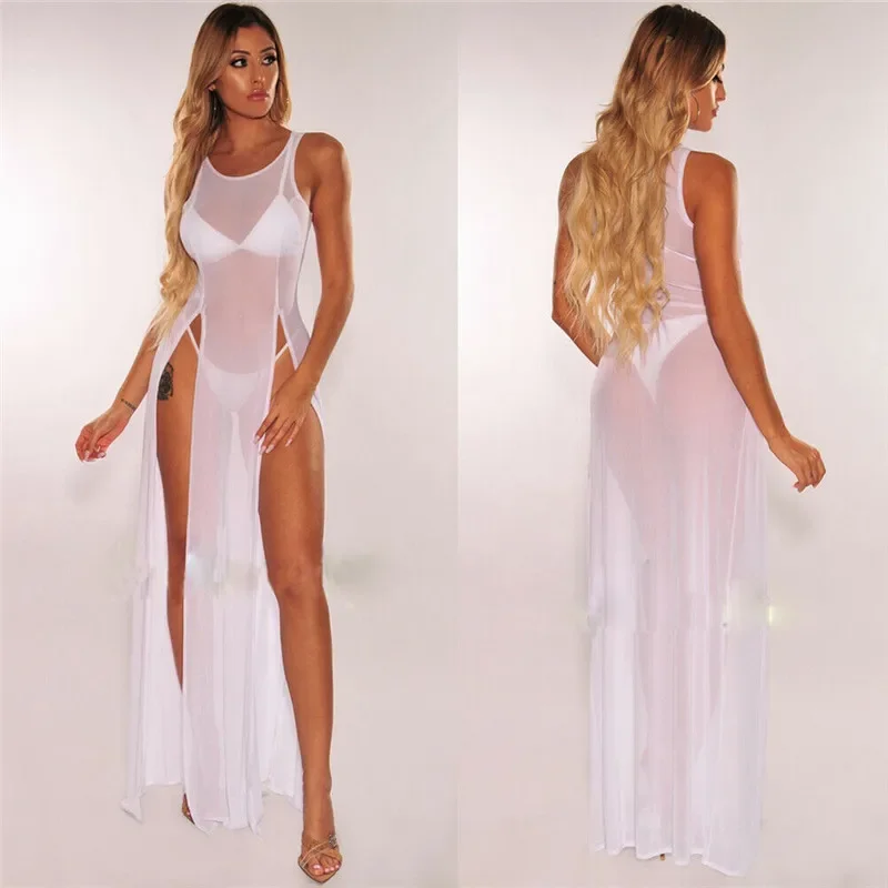 Robe longue en maille transparente pour femme, robe de plage sexy, robe d'été, bretelles en fibres solides, fente haute, couverture de bikini, été