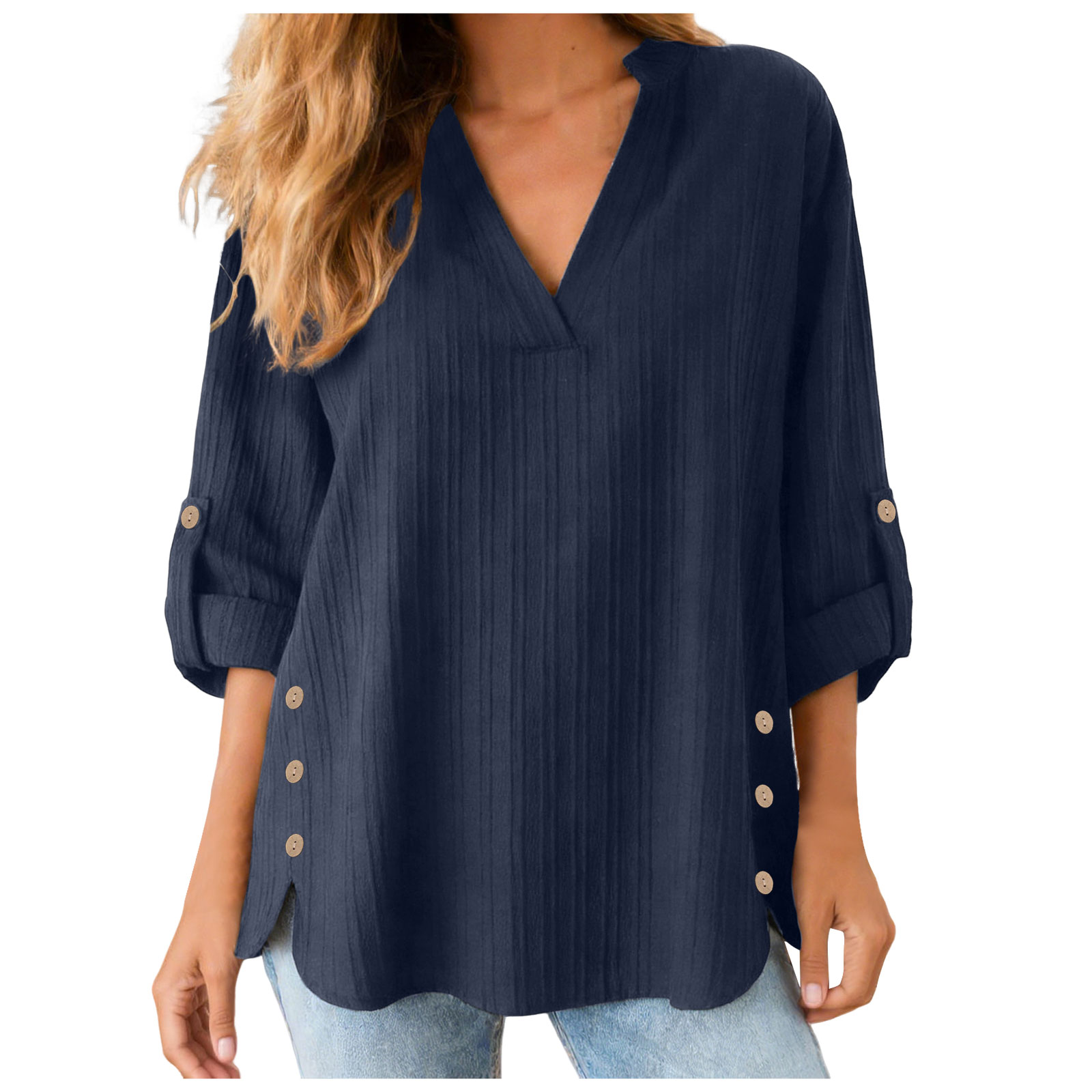Chemisiers en lin surdimensionnés pour femmes, manches longues, col en V, hauts amples, chemisiers décontractés pour femmes, couleur unie, Blusas, tailles XL-5XL