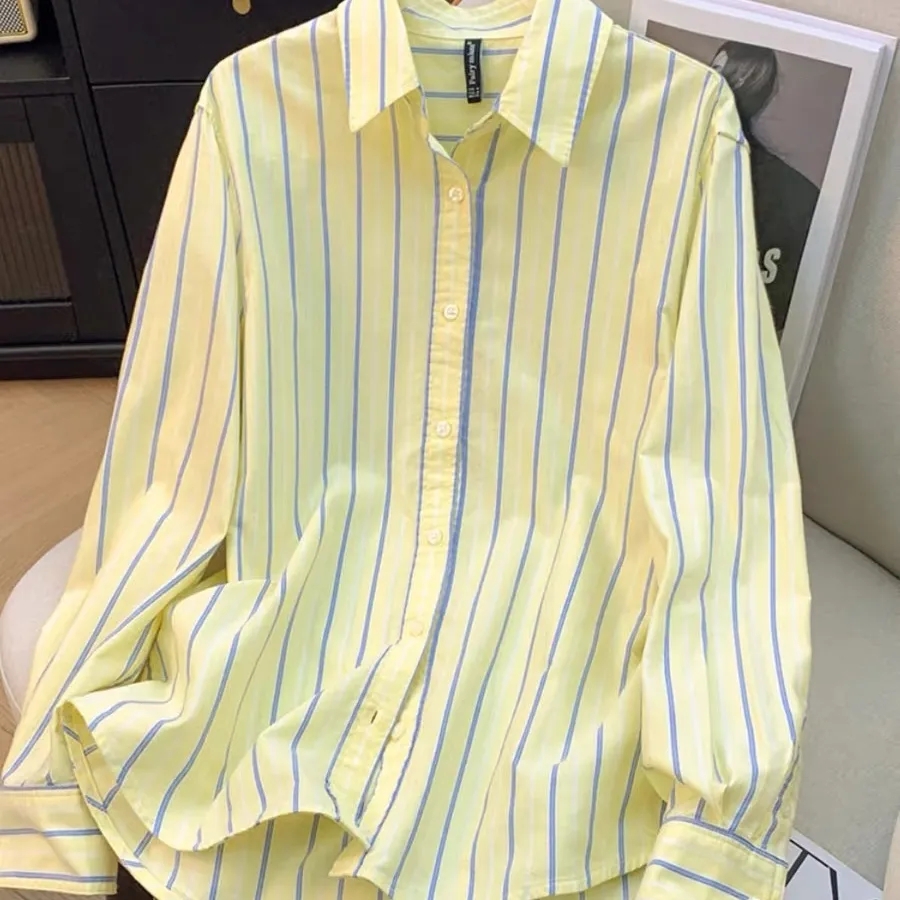 Chemise décontractée polyvalente à manches longues en pur coton rayé coloré pour femme, nouvelle collection Printemps-Automne 2026