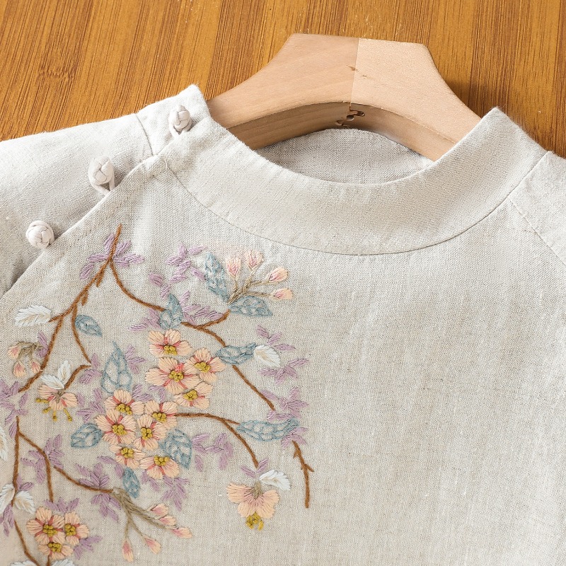 Chemisiers pour femmes de Style chinois chemise brodée coréenne mode ample printemps/été vêtements en coton et lin trois quarts haut pour femme