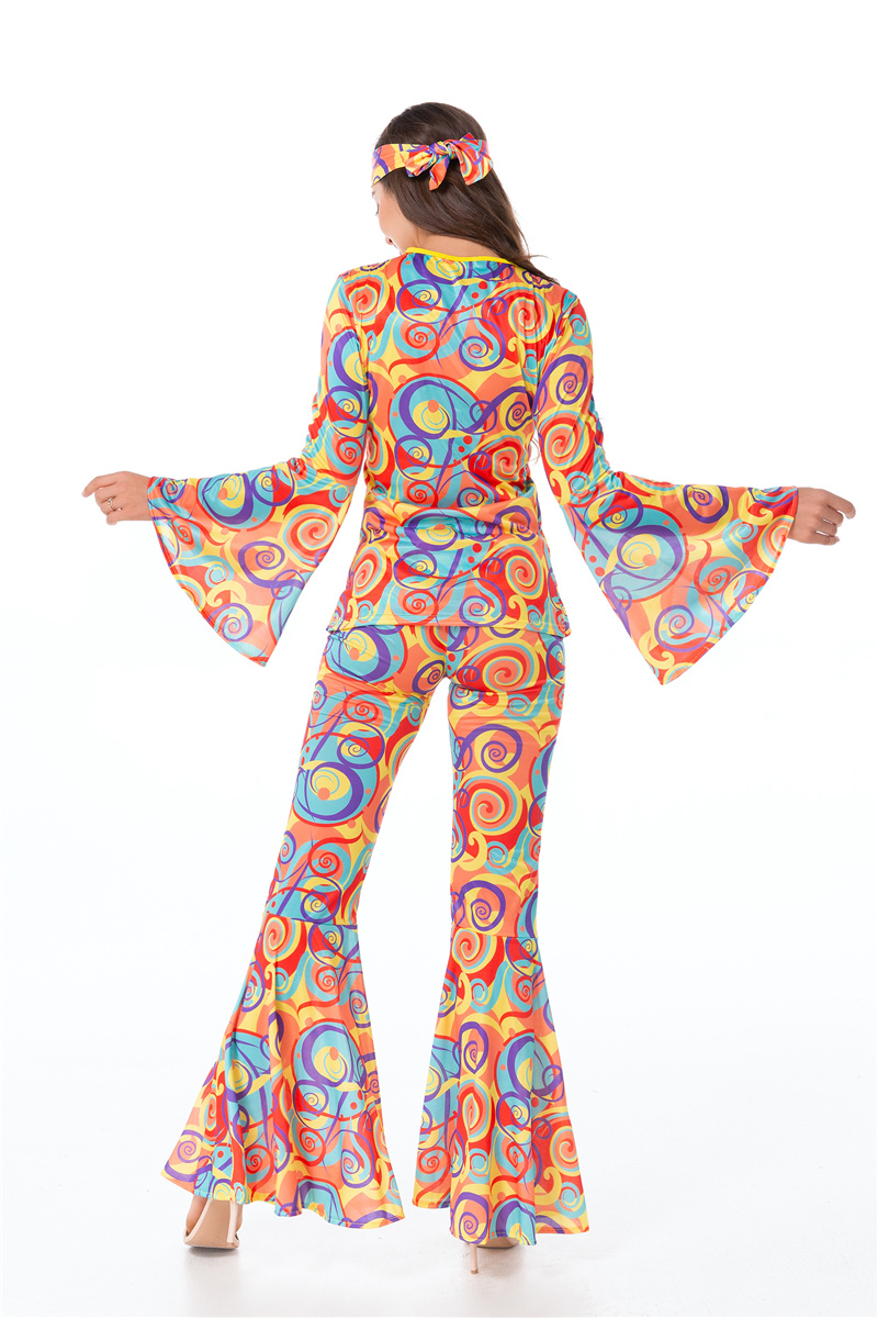 Costume de couple pour fête, style hippie rétro années 70, motif cœur d'amour et de paix, tenue rock disco, pour hommes et femmes, costume de cosplay hippie à pattes d'éléphant