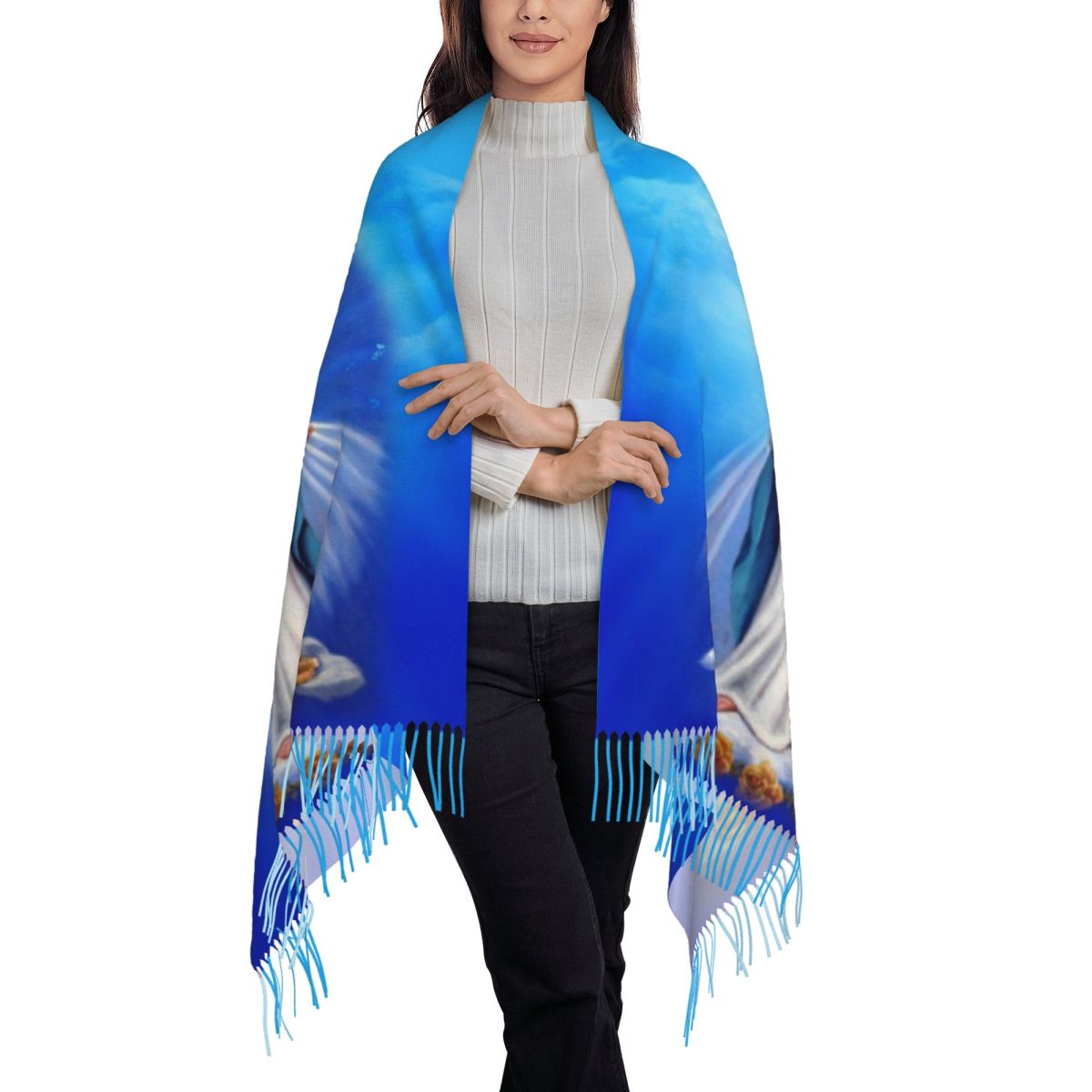 Écharpe à Pompon Vierge Marie Catholique Personnalisée pour Femme, Châle Doux de Notre Dame de Fatima, Foulards d'Hiver Ronds pour Dames