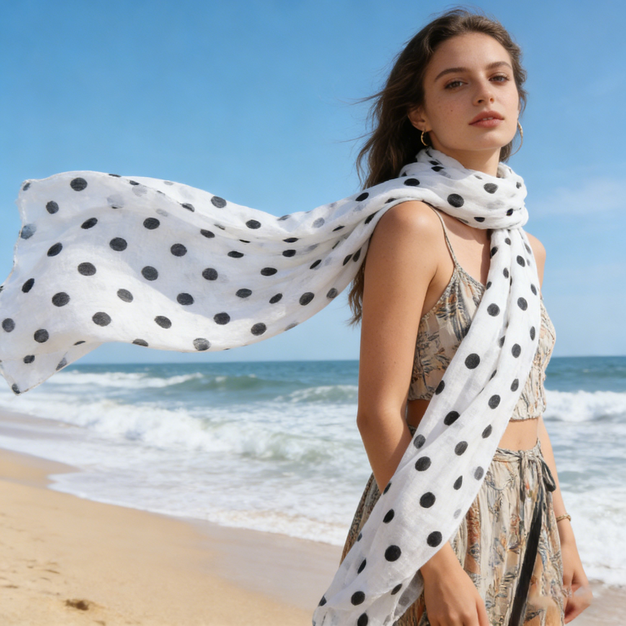 Écharpe à pois pour femme en mousseline, nouveau foulard arabe d'été, protection solaire, hijab noir et blanc