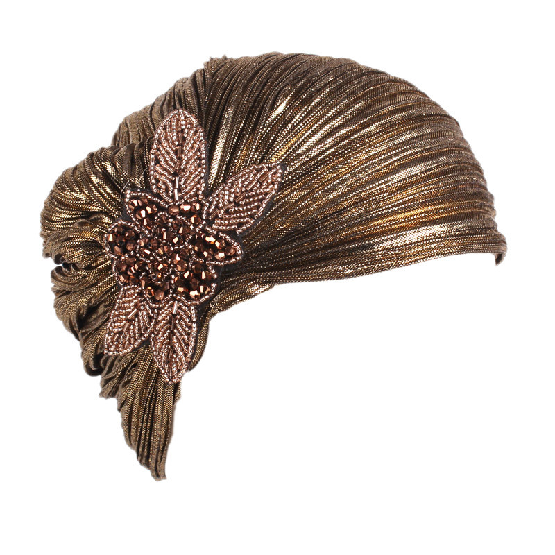Bonnet turban à paillettes pour femmes, bonnet hijab musulman, casquettes indiennes plissées, chapeau pour dames, accessoires pour cheveux, or, argent, diamant, bijoux, mode
