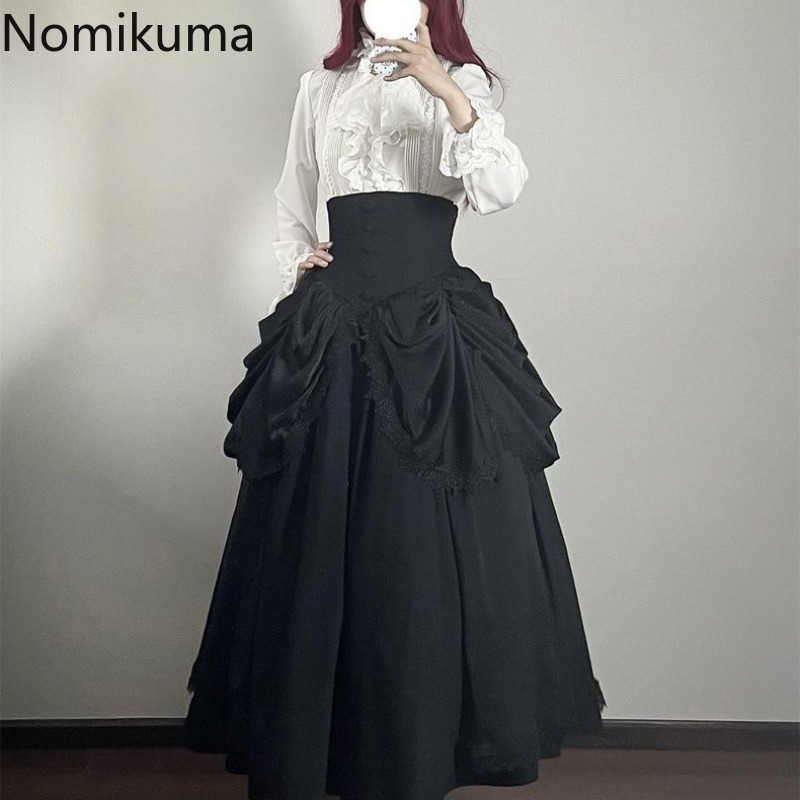 Taille haute jupes trapèze pour femmes 2025 Faldas Mujer De Moda Style Lolita japonais doux Saia Patchwork dentelle grande jupe pivotante