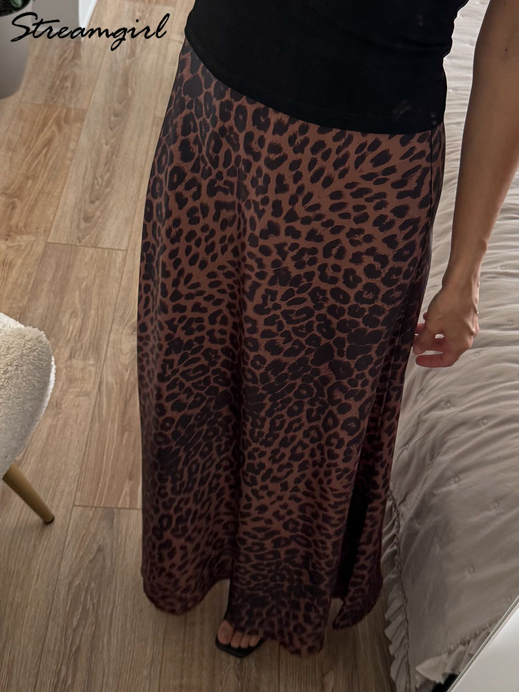 Jupe longue léopard en Satin pour femmes, jupe de luxe, ligne A, taille haute, marron, Maxi, printemps été, 2026