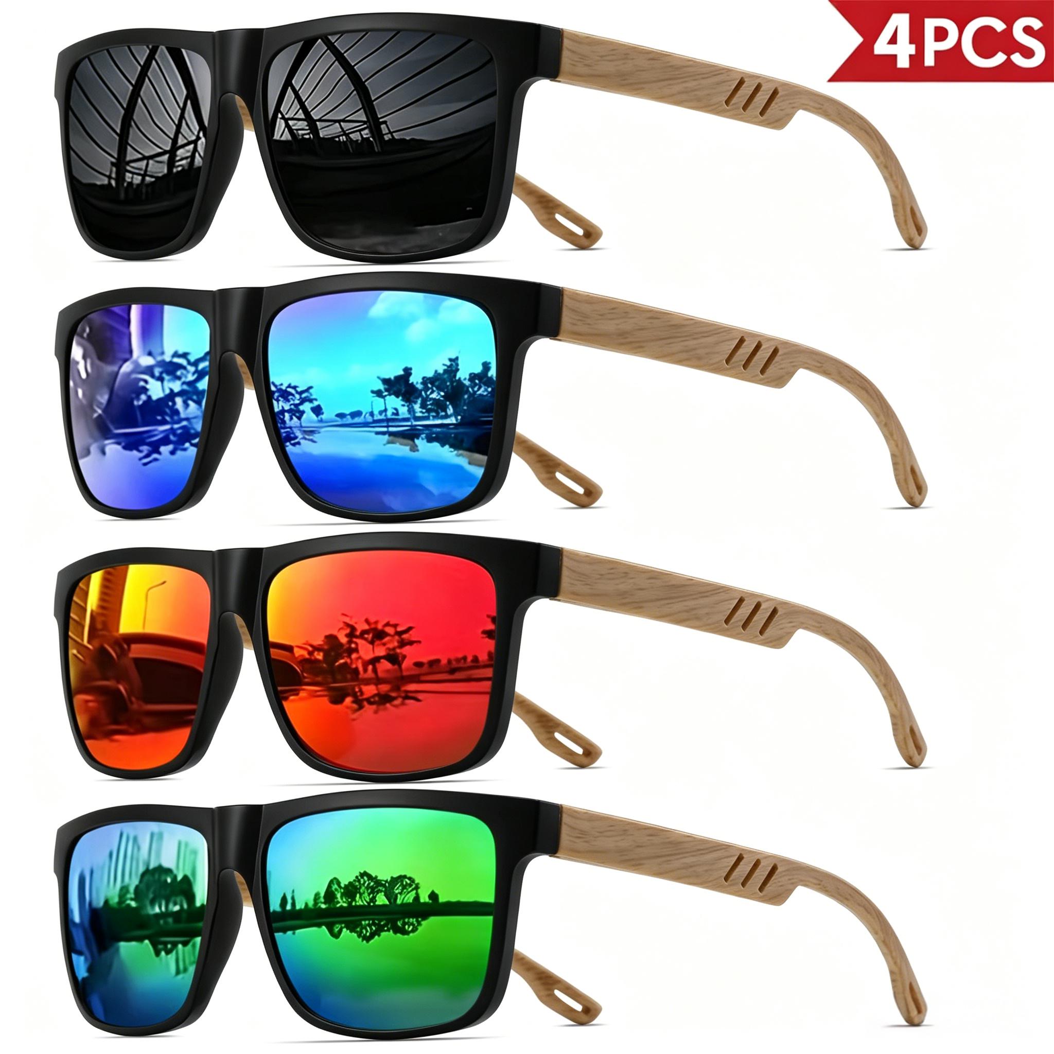 Ensemble de 4 lunettes de soleil style grain de bois – Montures carrées classiques rétro, design confortable unisexe, adaptées à la vie quotidienne et aux activités, style décontracté, lunettes décoratives ordinaires