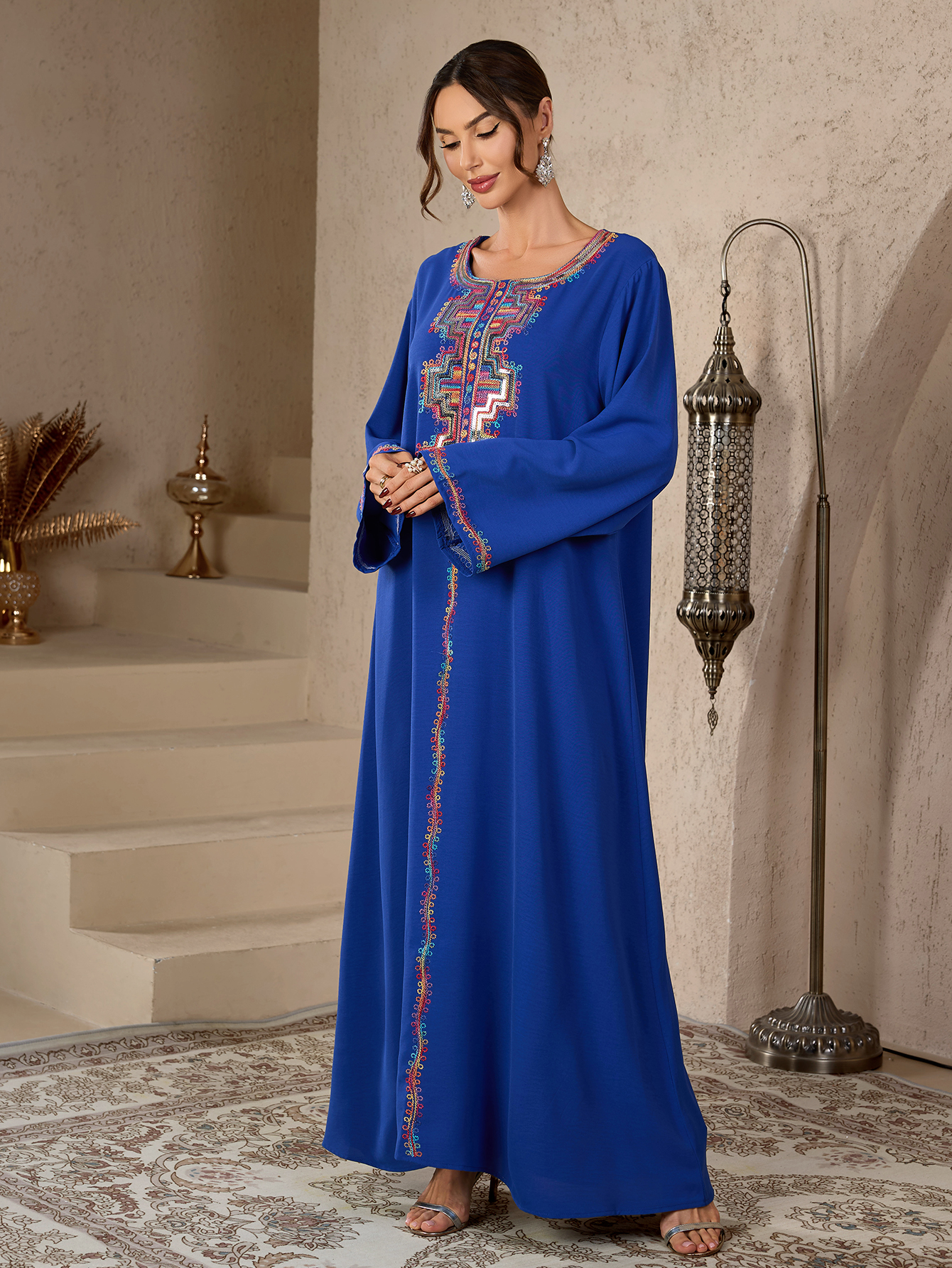 Robe Abaya islamique modeste pour femmes, broderie ethnique colorée, style marocain, col rond, robe longue décontractée, élégante, Dubai, musulmane
