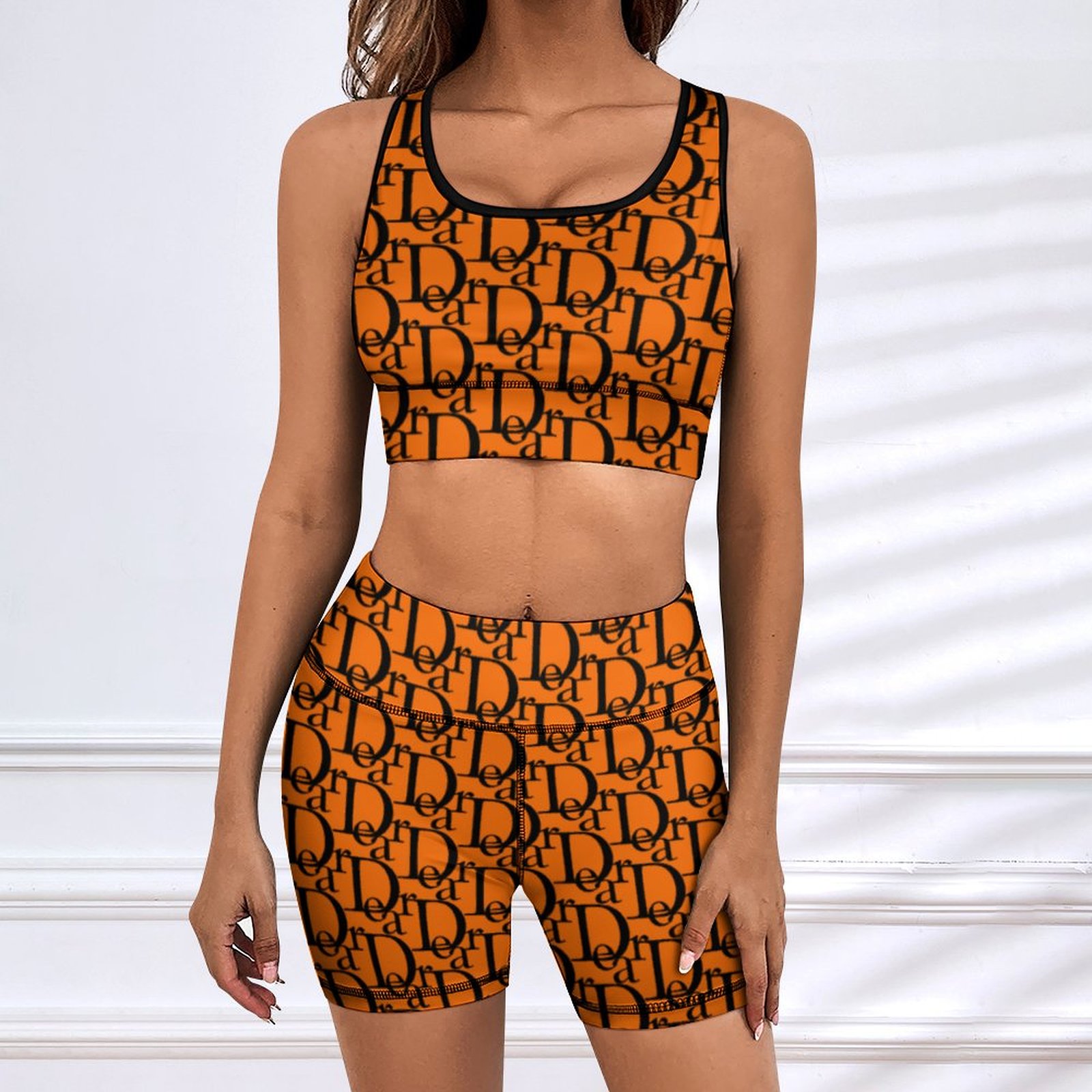 Tenues d'entraînement pour femmes, 2 pièces, lettres de luxe imprimées, Leggings taille haute avec soutien-gorge de sport, ensemble d'exercices