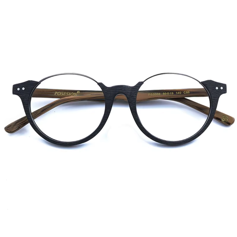 Lunettes Vintage hommes demi-monture ronde métal bois | Cadre de lunettes optiques, lentille claire Prescription rétro lunettes montures femmes