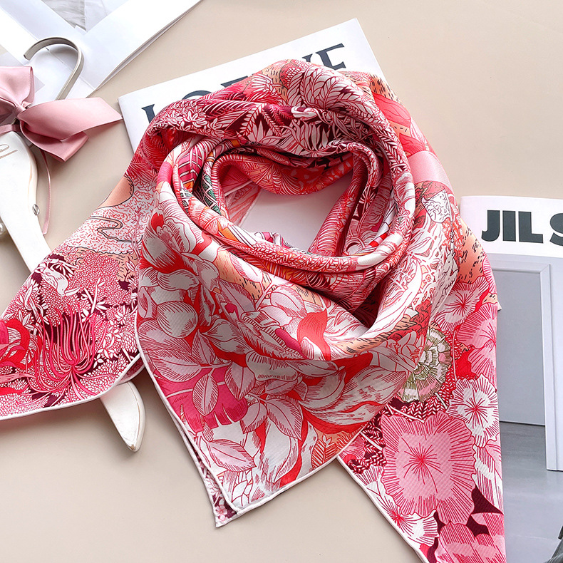 Foulard en soie sergée 14mm pour femme, bandana carré pour sac, châle roulé à la main, accessoire de tête, 90CM, cadeau de Saint-Valentin