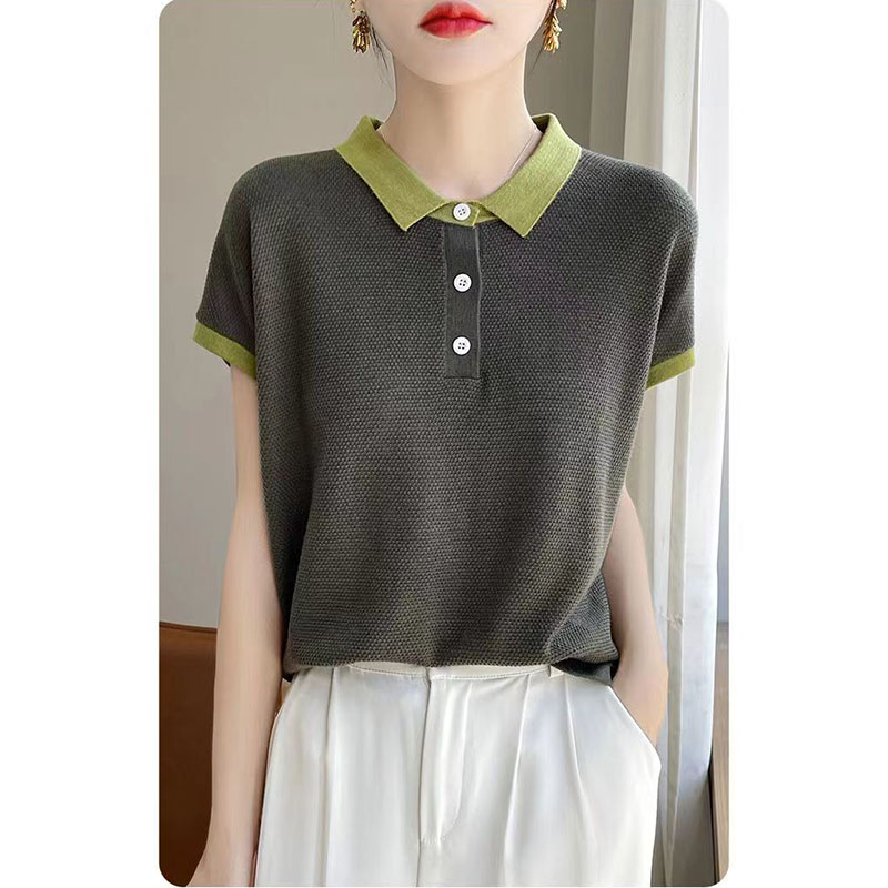 T-shirt femme 2025 été mode réduction de l'âge dame T-shirt tempérament Version coréenne col POLO dames hauts tricotés