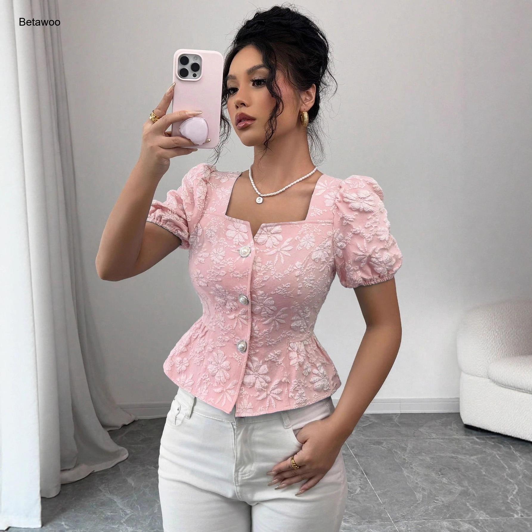 Chemisier rose à col carré, manches bouffantes, peplum, broderie florale, boutonné, pour femme
