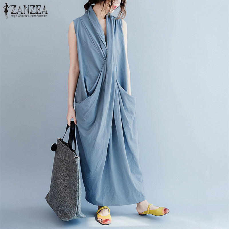 ZANZEA surdimensionné asymétrique Maxi robe femmes été 2025 vacances robe d'été Femme col en V drapé Robes rayonne Robes Femme