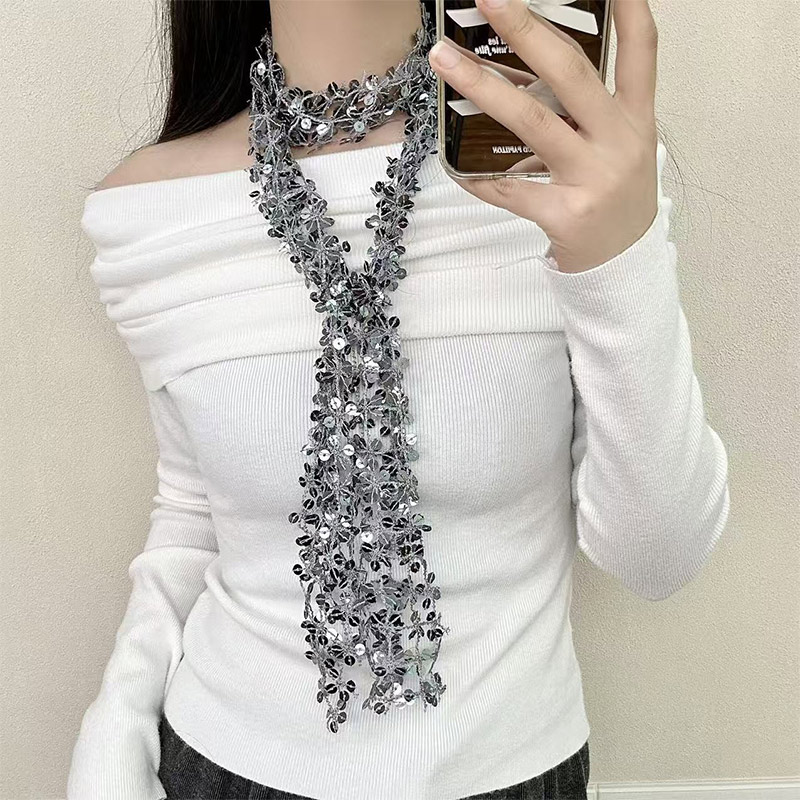 Écharpe pour femme à sequins brillants, motif floral ajouré, tour de cou fin orné de paillettes, accessoire de mode
