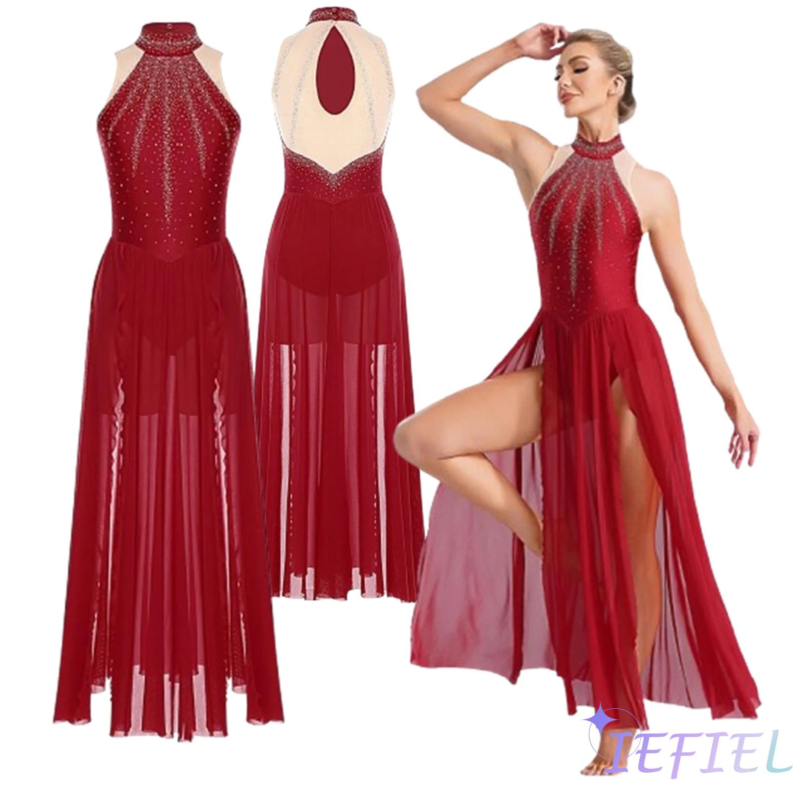 Costume de danse lyrique sans manches pour femmes et filles, justaucorps contemporain avec strass brillants, robe fendue haute, vêtements de danse de salle de bal modernes