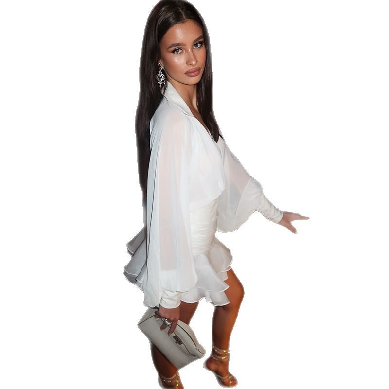 Américain européen nouvelle mode 2025 été femmes blanc couleur unie col en v lanterne manches taille haute a-ligne robe élégante femme