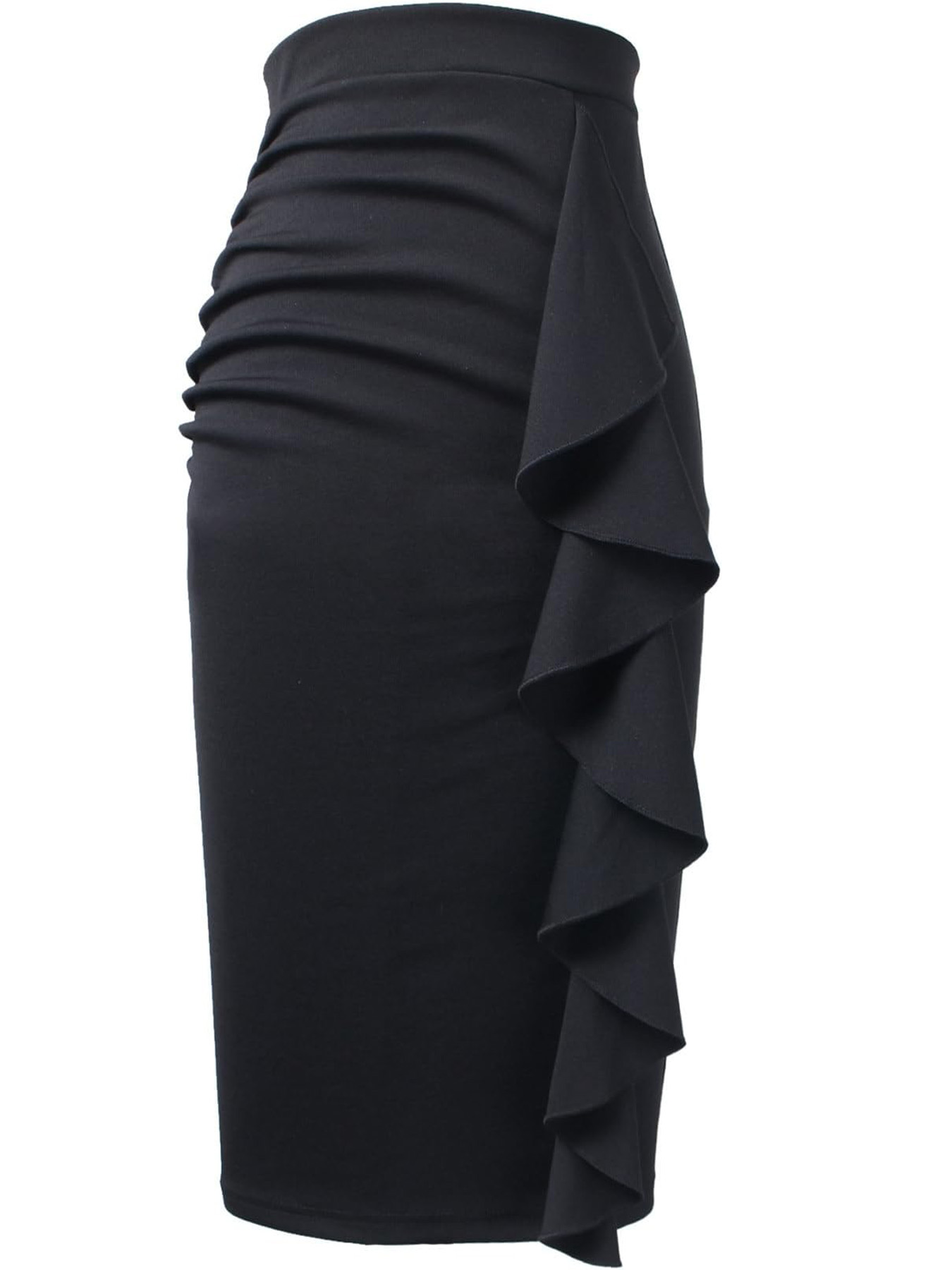 Jupe décontractée taille haute pour femme, style ajusté, longueur genou, avec volants et fente latérale, idéale pour le travail