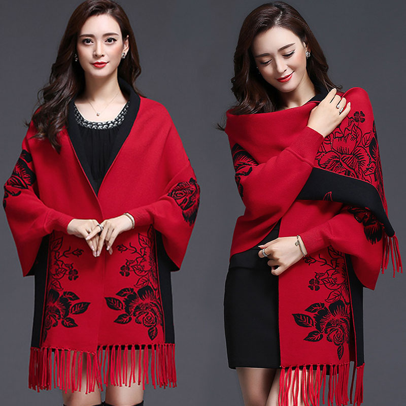 Châle pour femme, automne-hiver, style veste cape, cardigan en tricot ample à franges, pull en laine épais, réversible, manteau châle, vêtement d'extérieur