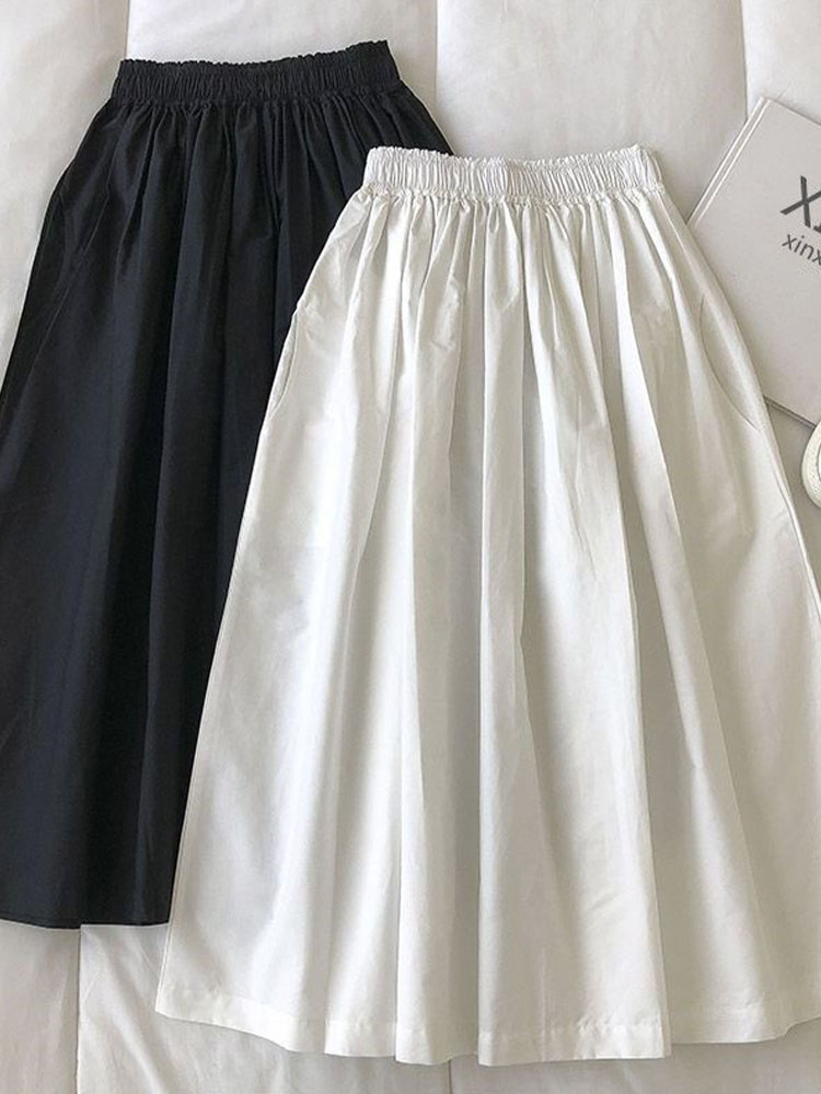 Jupe longue blanche plissée au genou pour femmes avec poches, jupes décontractées élégantes, taille haute, ligne A, mode automne, nouveau, 2024