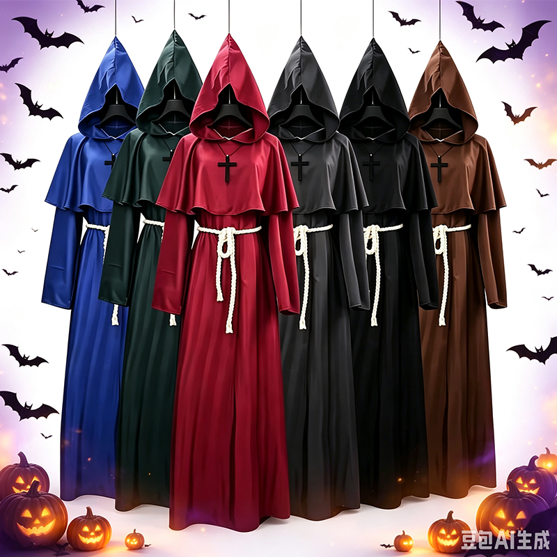 Robe de Prêtre Rétro, Costume de Cosplay d'Halloween, Cape de Sorcier Fantaisie Punk, Masque, Robe de Moine Médiévale, Capuche de Moine