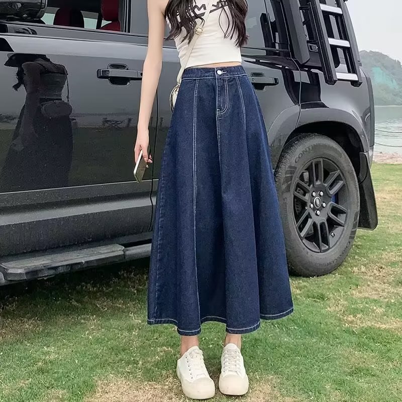 Jupe midi en jean pour femme, style coréen, taille haute, coupe trapèze, taille élastique, en denim délavé vintage, décontractée, longue