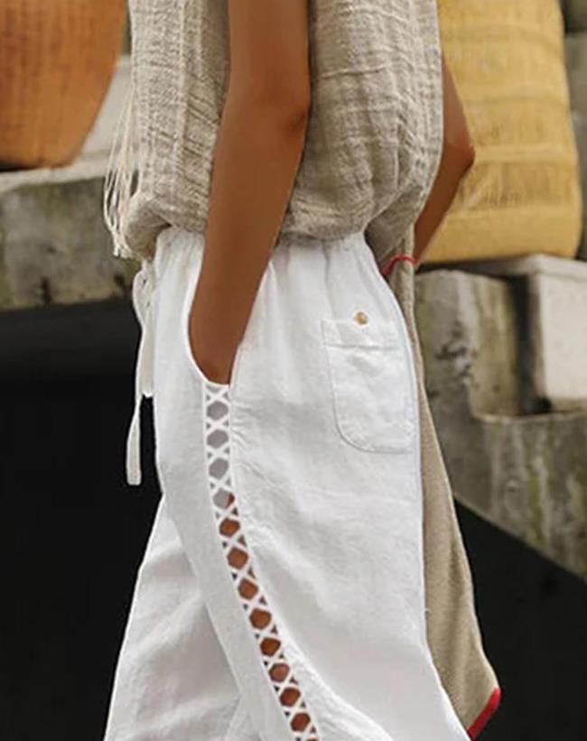 Pantalon en dentelle évidée pour femme, poche plaquée, design décontracté, uni, pantalon de vacances long, Y2K Streetwear, mode printemps, 2023