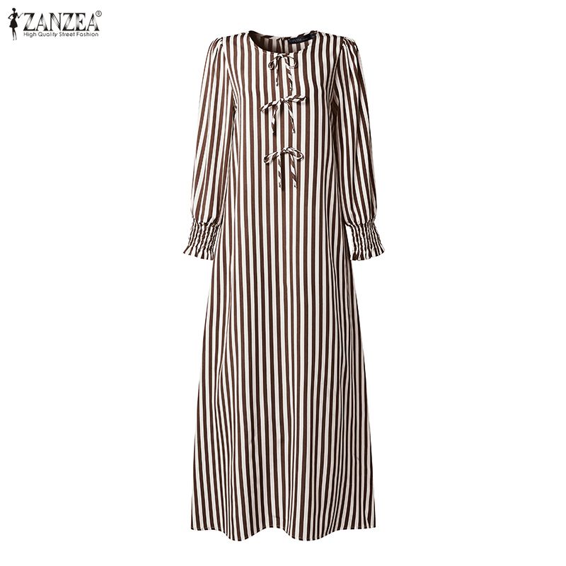 ZANZEA Robes Musulmanes Tendance Ramadan Abaya Élégante Femme Col Rond Manches Longues Rayée Robe Décontractée Kaftan Dubaï Robe Femme