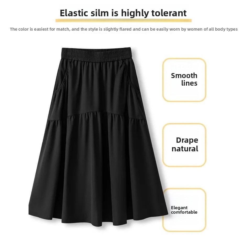 Jupe midi trapèze taille haute tendance pour femme, jupe mi-longue d'été amincissante haut de gamme avec détail poche en fibre de polyester