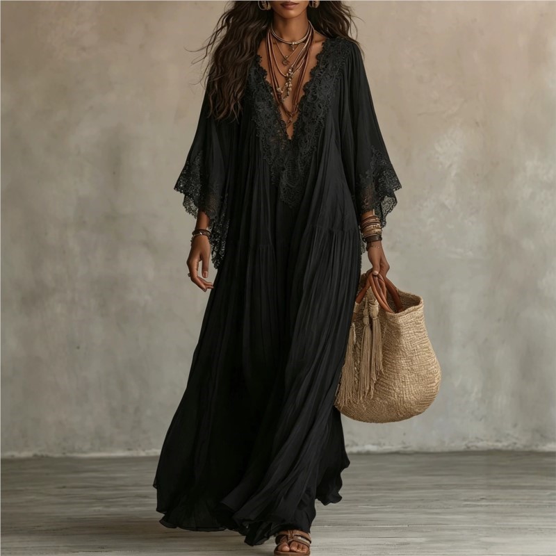 Robe longue élégante unie pour femme, décontractée, avec dentelle, col en V sexy, fluide, pour la plage, les vacances, les fêtes, Vestidos