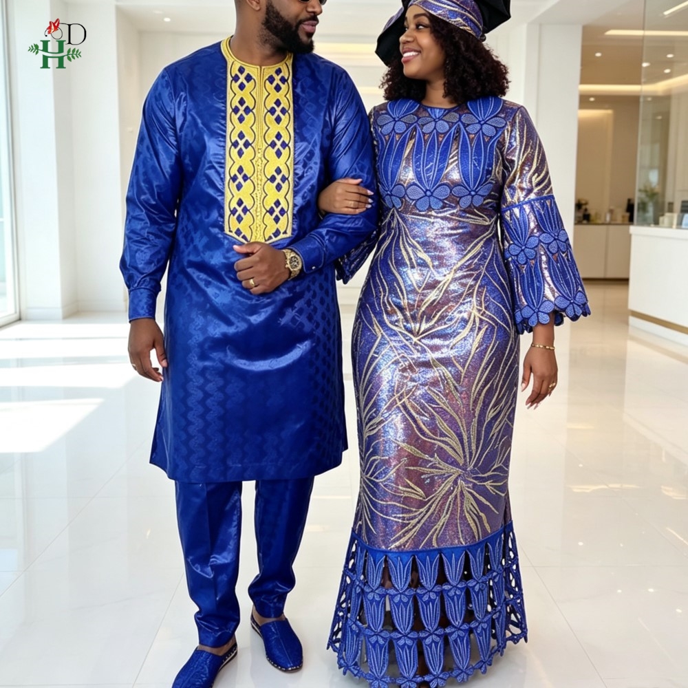 Robes africaines H&D Dashiki pour femmes, vêtements assortis pour couples, tenues de mariage pour hommes, chemise et pantalon Kaftan, ensembles 2 pièces, Bazin Riche