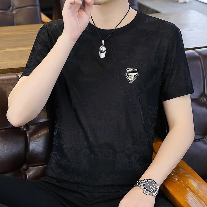 T-shirt à manches courtes en soie glacée pour homme, idéal pour la course et le fitness en été, séchage rapide, broderie, haut de sport respirant, vêtements pour homme