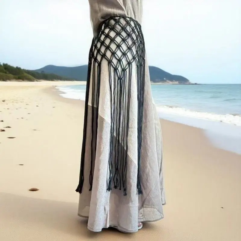 Jupe cache-maillot en corde de coton tressée à la main avec franges, style bohème, pour festival, streetwear, accessoire pour costumes et jeans