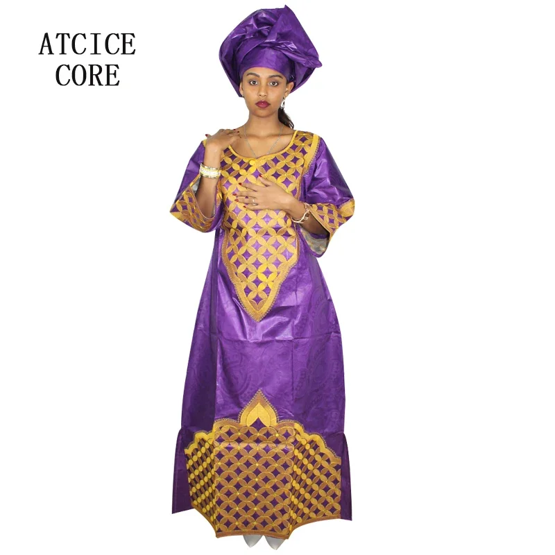 Robe africaine longue avec écharpe pour femme, motif de broderie, Bazin Riche