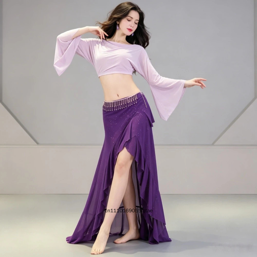 Nouvelle tenue de danse orientale pour femmes, ensemble jupe longue fendue à manches trompette, costume de performance et d'entraînement de danse du ventre