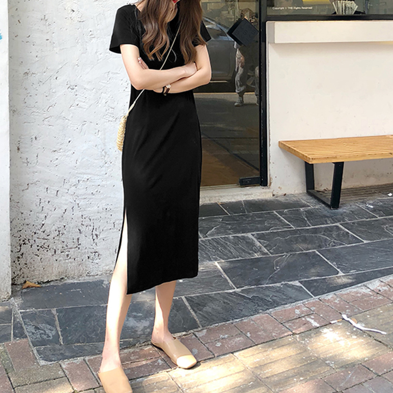 Robe élégante en coton pour femmes, décontractée, ample, à manches courtes, fendue, noire, sexy, longue, pour le nouvel an 2026, vente de robes